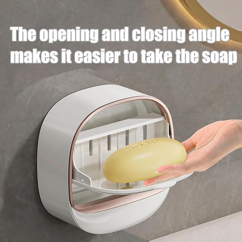 Wall Mounted Shower Soap Dish with Flip Cover - White Antibacterial Waterproof Self-Draining Soap Saver, Bathroom Shower Storage Essentials