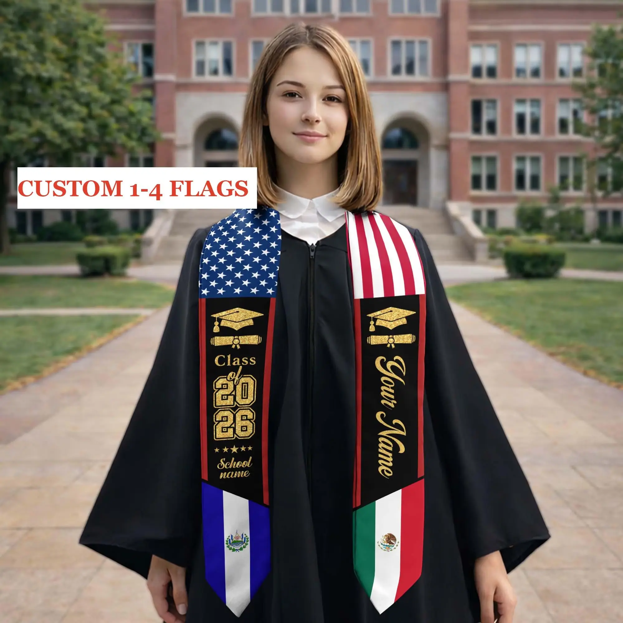 Custom Mixed Flags Graduation Stole 2026 – Personalized Text Sash & Multi Flag Cultural Design & Class of 2026 Grad Gift