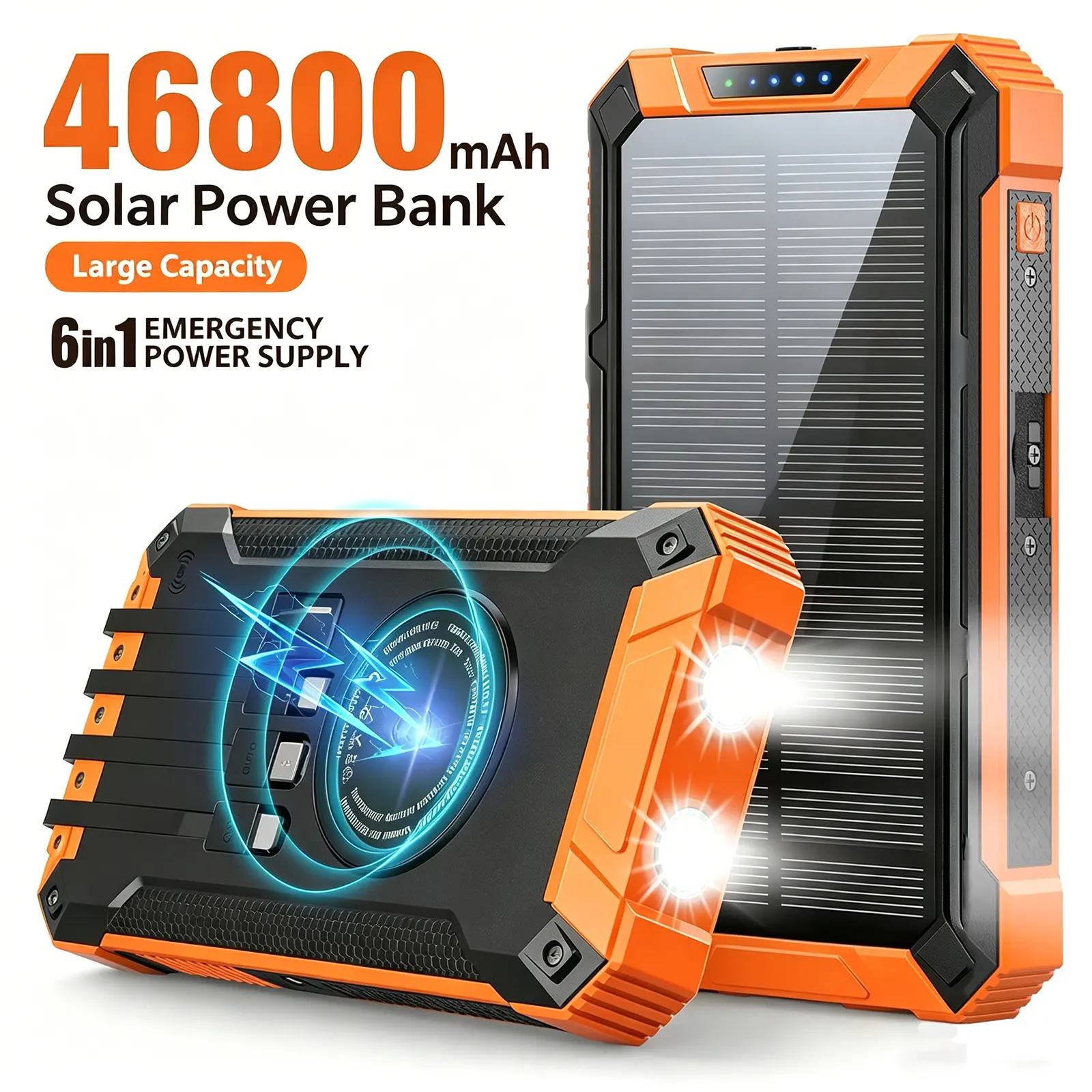 46800mAh Solar Battery Power Bank - Wireless Charging, Built-in 4 Cables & Dual Flashlights, 6 Outputs, 15W Fast Charging Emergency Rechargeable Power Banks for All Mobile Devices, Durable Lithium Battery (TikTok Shop Back to School), Fast Charger Power B