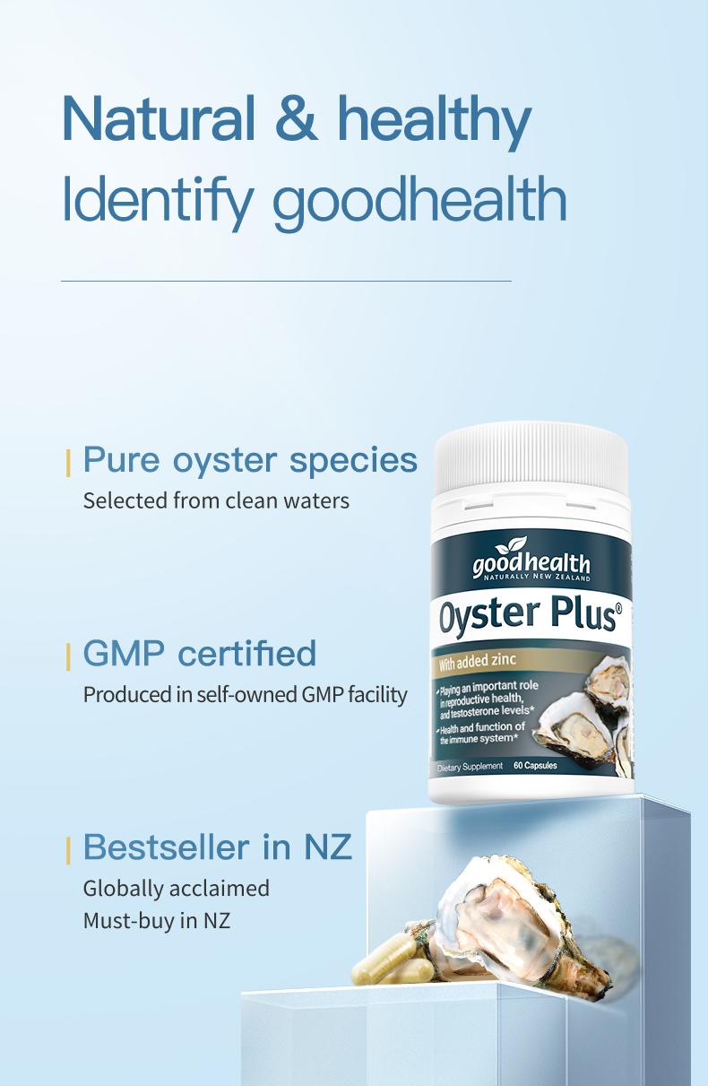 Goodhealth Oyster Plus-Men's Vitality-Premium Oyster Extract Capsules with Zinc+Arginine+Taurine-Reproductive and Immune Support- Heart&Liver Health, Muscle Growth-Blood Circulation-Dietary Supplement-New Zealand Made-GMP-60 Capsules