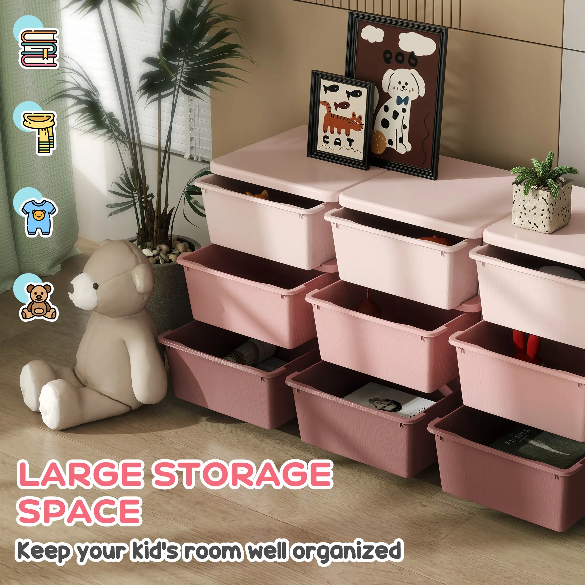 #tiktokshopbacktoschool Qaba 3 Tier Kids Storage Unit with 3-9 Drawers Chest Toy Organizer Plastic Bins for Kids Bedroom Nursery Living Room for Boys Girls Toddlers