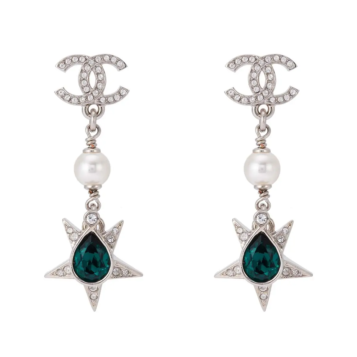 Pre-owned Chanel 23P Silver Tone CC Star & Green Crystal Drop Earrings JLP010097
