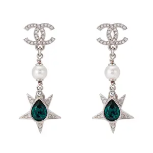 Pre-owned Chanel 23P Silver Tone CC Star & Green Crystal Drop Earrings JLP010097