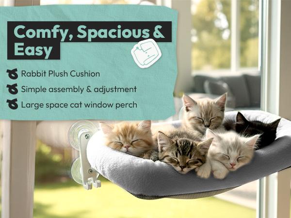 POMESEA Cordless Cat Window Perch for Large Indoor Cats, Soft Gray Pad Bed Cover, Wall and Window Mounted with Metal Frame, Includes 6 Suction Cups (2 Bonus)