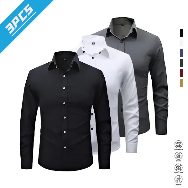 Men's Casual Longsleeves Classic Solid Color Shirts - 3-Pack Menswear Simple Clothes, Easy-Care Durable Tops for Everyday Wear, Office Attire