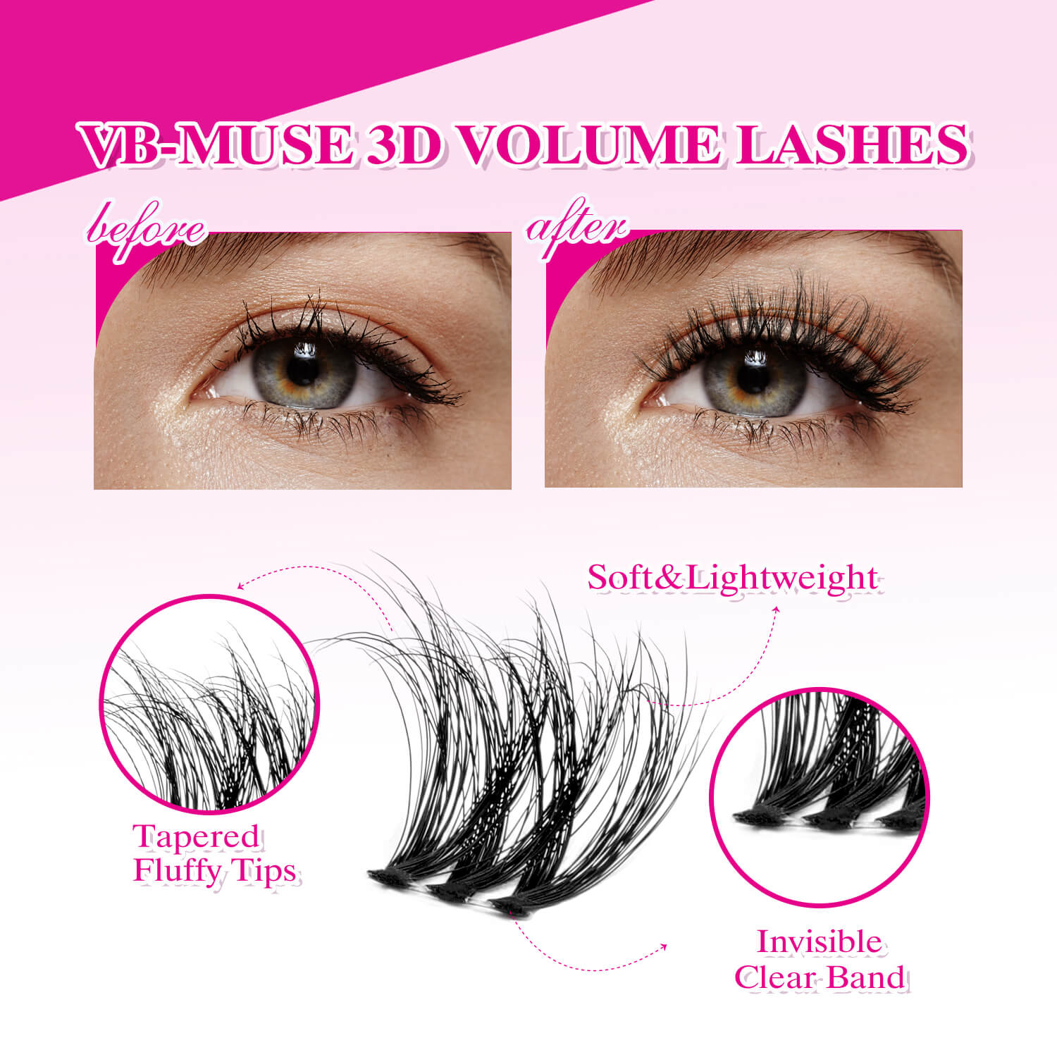 VEYESBEAUTY VB-Muse 3D Volume Cluster Lashes Individual Lash Extensions Layered Fluffy Eyelashes Wispy Faux Mink Lash Newbie's Five-Second DIY Mixed Length Large Tray for Self Application Makeup at Home Cosmetic Eyelashes Extensions