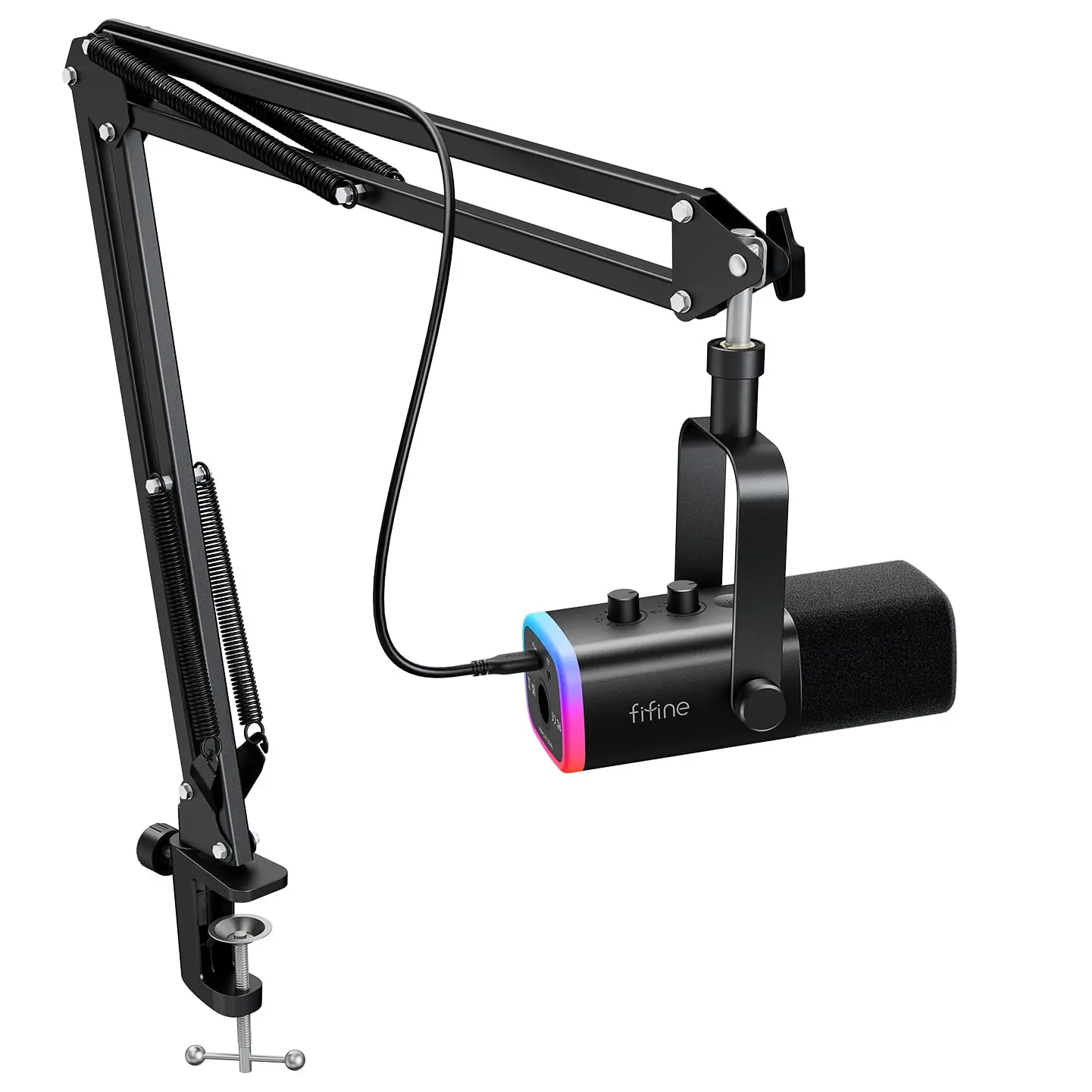 fifine AM8T XLR/USB Gaming Microphone with Boom Arm Stand, Dynamic PC Mic for Streaming Podcasting, Computer RGB Mic Kit, Mute Button, Headphones Jack, for Recording Vocal Voice-Over Audio, for USB-C Smartphone