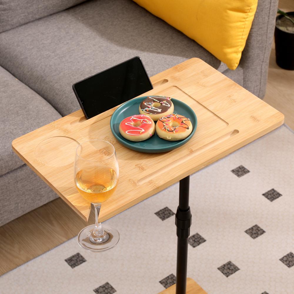Couch Tray Table Bamboo Height Adjustable Side Table for Sofa C-shaped Oval End Tables with Slots for Bed & Chairs in Living Room & Bedroom