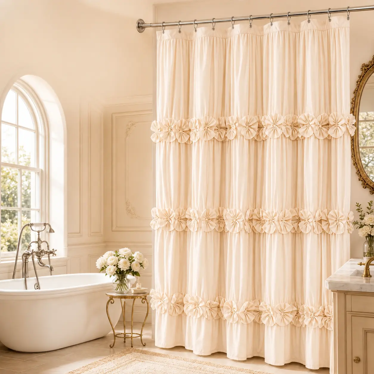 YRZTRK Cream 72in*72in Ruffled Shower Curtain - Vintage Handcrafted Bow Tie Bathroom Curtains, Aesthetic Waterproof Fast Dry Machine Wash Master Bath Decor with 12 Hooks, Shower Curtains
