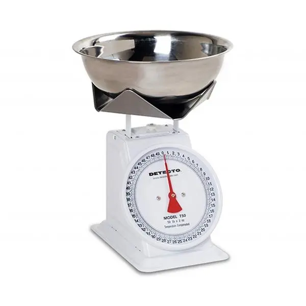 Detecto T50B Mechanical Top Loading Kitchen Scale - 50 lbs Fixed Dial Scale with Folded Stainless Steel Bowl Platform, Counting by Weight for Measuring Ingredients, Formulating Paint Mixtures, Bakers, Fast-Food Restaurant