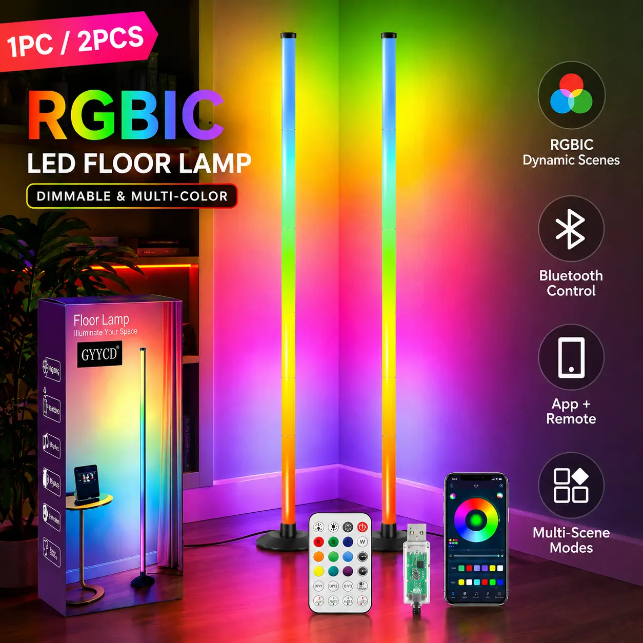 RGBIC LED Corner Floor Lamp, 48-Inch Color Changing Ambient Light with Bluetooth App & Remote, for Living Room, Gaming Room (1 Pack/2 Pack),dorm essentials,home decor,home essentials,camping essentials