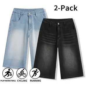 Summer vibe 2-pack men’s wide-leg denim shorts (7/8 length) | Retro washed knee-length denim shorts, suitable for sports and everyday wear