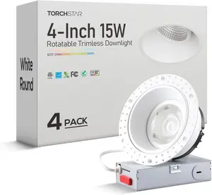 TORCHSTAR 5CCT Trimless 4 Inch 15W Gimbal LED Recessed Light, Ceiling Canless Dimmable LED Downlight, 2700K-5000K Selectable, White (4 Pack)