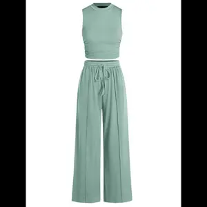 Women's Summer 2-Piece Outfits - Ribbed Knit Crew Neck Sleeveless Cropped Top & Wide Leg Pants Lounge Set