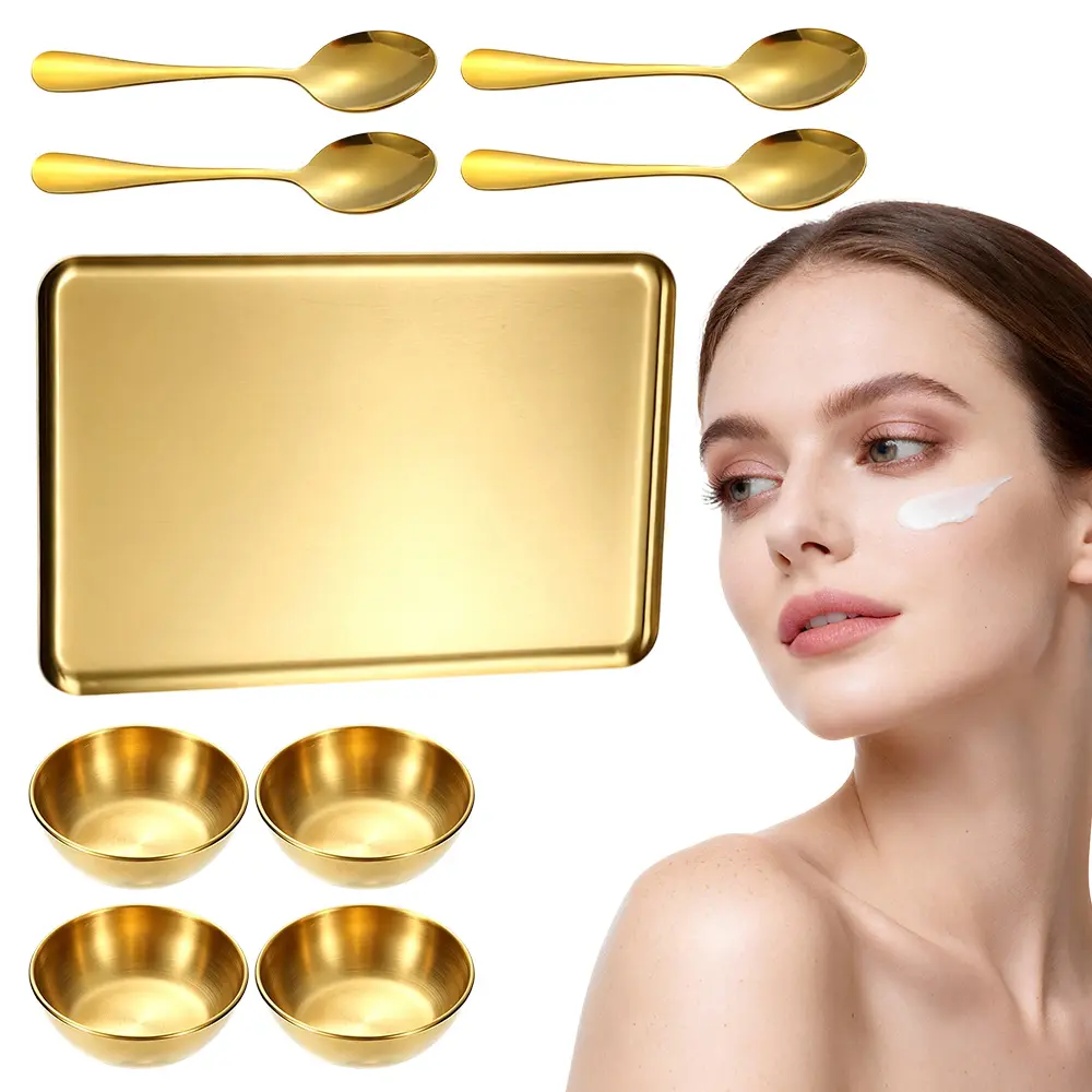 9pcs Gold Aesthetic Facial Skincare Tools Set - Large Gold Vanity Tray, 4 Stainless Steel Clay Mask Mixing Bowls, 4 Cosmetic Mixing Spoons - Smooth Application, Easy Cleaning, Durable, Ideal Gift for Bathroom Vanity Use
