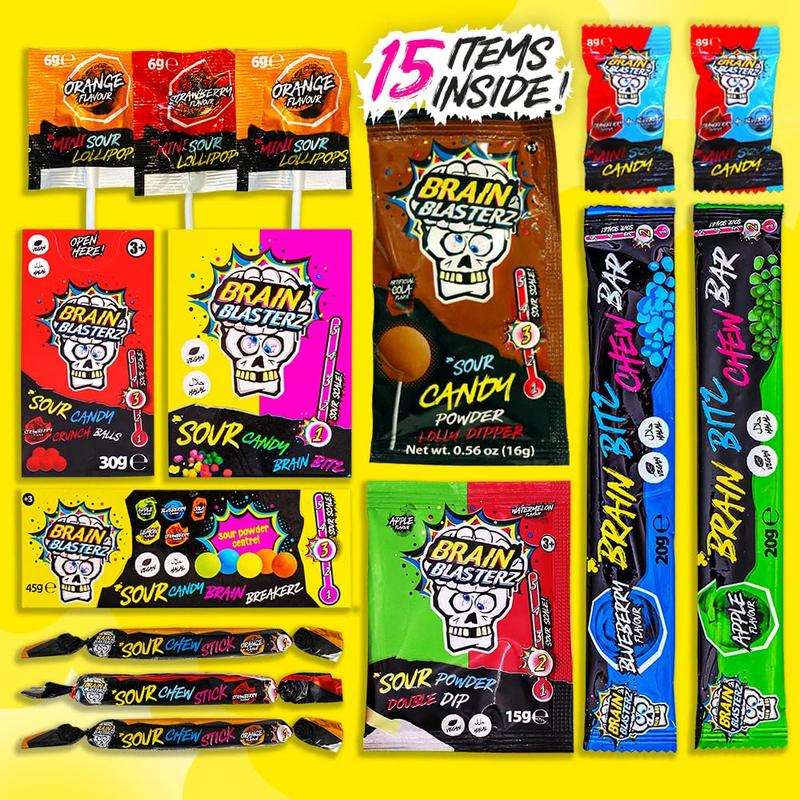 Brain Blasterz Christmas Candy Gift Box – Extreme Sour Candy Variety Pack - 14pc Holiday Collection with Lollipops, Taffy & Powder – Vegan & Halal – Fun Xmas Present, Stocking Stuffer, Birthday Treats