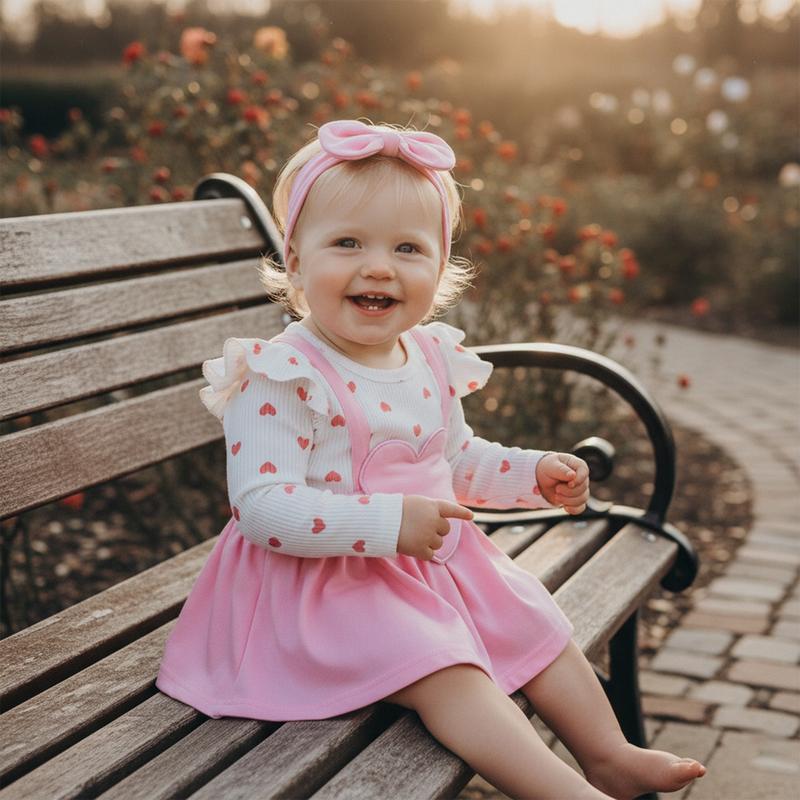 Calsunbaby Valentine Baby Girl Outfit Heart Print Ribbed Long Sleeve Newborn Valentines day Romper Dress Headband Set