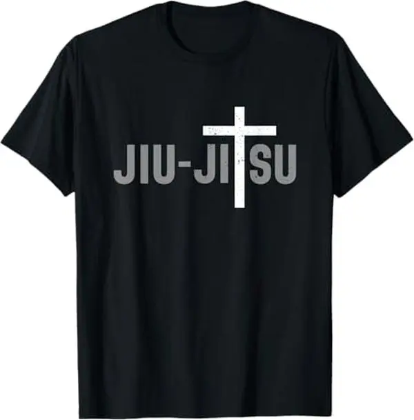 Men's Christian Cross Jiu Jitsu Graphic T-Shirt, Short Sleeve Streetwear Sports Top with Faith & Martial Arts Design, Tshirt, Shortsleeve, Casual, Menswear