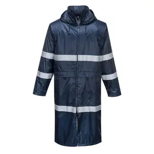 Portwest F438 Men's Waterproof Raincoat - Reflective Long Rain Jacket with Hood and Pockets Navy