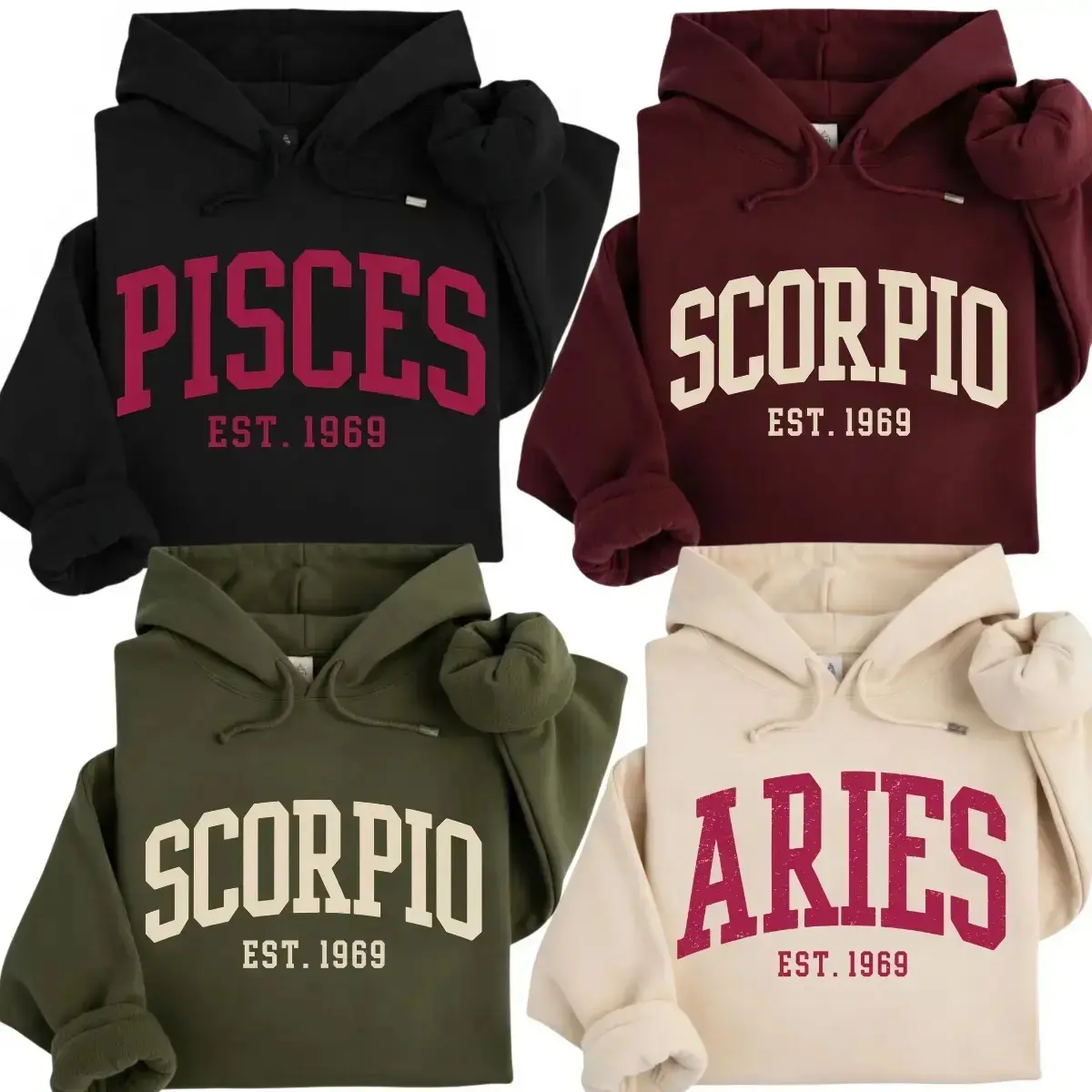 Custom EST ( Leave Add Note or Remove EST Remove Year)  Full 12 Zodiac Minimalist Hoodie – Astrology Sign EST Year Sweatshirt for Men Women, Vintage College Style Unisex Pullover, Personalized Zodiac Birthday Gift - TrendWear USA