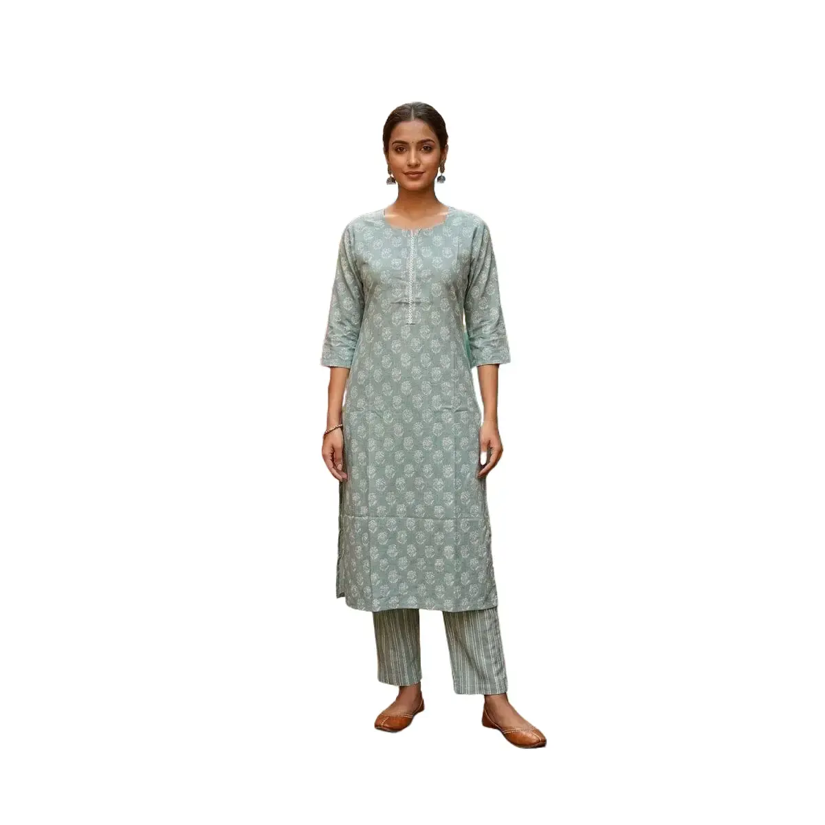 #2PS-20  Elegant Sage Green Floral Block Print Kurta Set