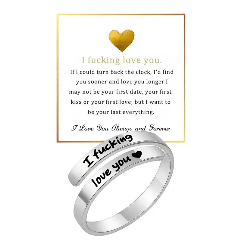 【Summer Sale Deals】Vintage Heart Design Ring for Women, Stainless Steel Spiral Wrap Promise Ring with "I F*cking Love You" Engraving, Adjustable Open Tarnish-Free Hypoallergenic Jewelry#SummerVibes
