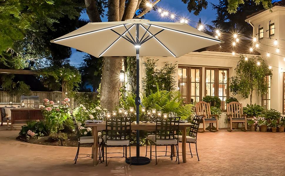 【Solar LED Strips】Yaheetech 9FT Patio Umbrella with Lighting Function, Outdoor Sunshade with Strip Lights & Hub Light, LED Table Market Umbrellas w/8 Ribs and Crank & Tilt