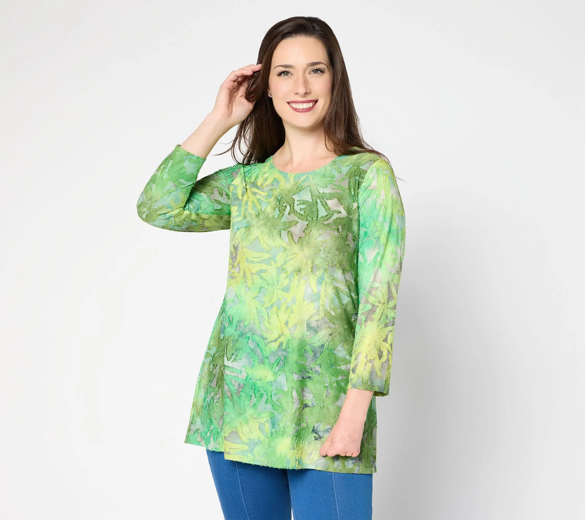Susan Graver Weekend Regular Tie Dye Burnout 3/4 Sleeve A-Line Tunic
