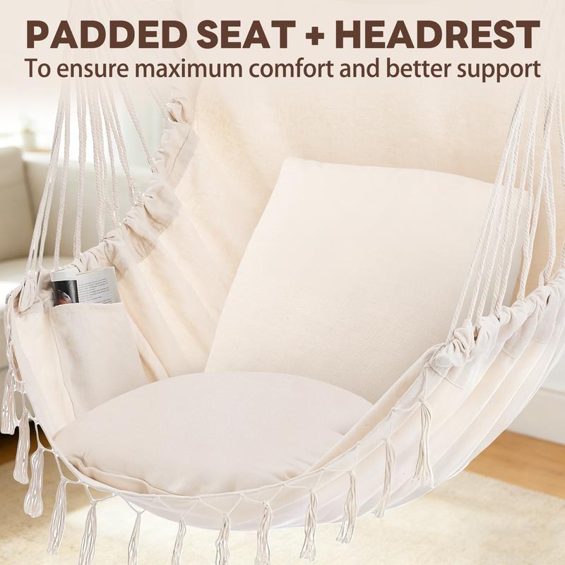 Single Hammock Chair with 2 Cushions, Hammock Swing, Macrame Hammock with High Load-Bearing Metal Rod, Indoor＆Outdoor