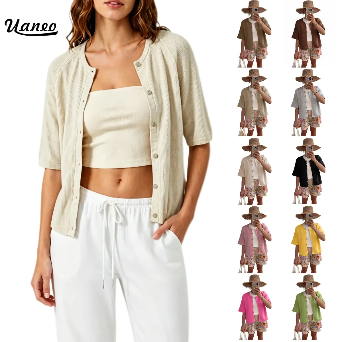 UANEO Women's Cardigan Knit Sweater Solid Crew Neck Button Down Soft Knitting Fabric and Lightweight Breathable Shrug for Casual Work Office Cover Up Versatile Summer Fall Layering Basics Vacation Back to School Outfits