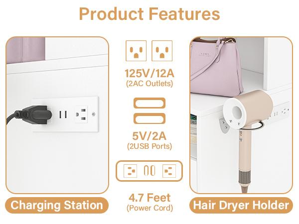 Makeup Vanity Mirror with Light, Large Women Vanity Desk with Touch Screen Mirror Lights & Power Outlet, 4 Cabinet, 2 Shelves & 5 Drawers for Bedroom,[Gift Idea]