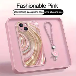 Luxury Rose Gold Swirl Phone Case with Flower Lanyard, Glitter Pink Art Aesthetic Cover for iPhone 15 Plus — 975