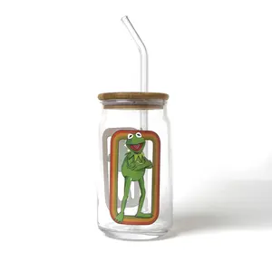 The Muppets Kermit the Frog 16-Ounce Glass Tumbler With Bamboo Lid and Straw