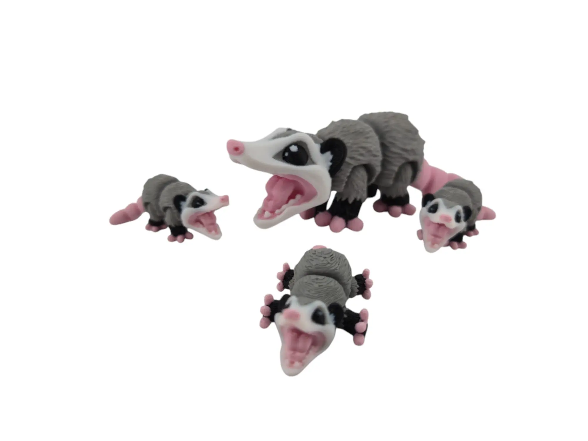 Opossum Family Set – 3D Printed Articulated Figurines | 1 Adult & 3 Babies | Flexible Collectible Desk Decor