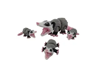 Opossum Family Set – 3D Printed Articulated Figurines | 1 Adult & 3 Babies | Flexible Collectible Desk Decor