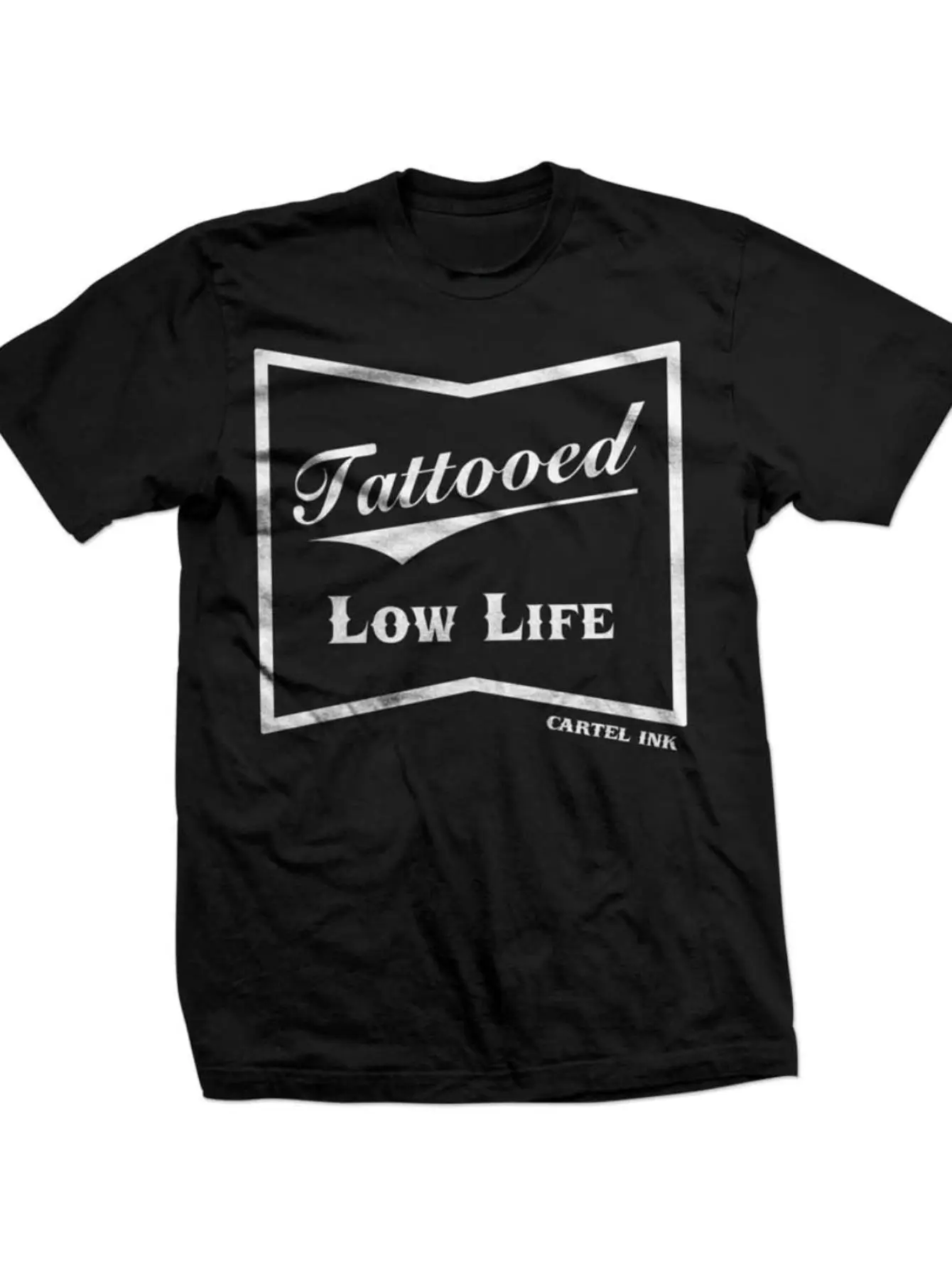 Cuttle Ink Men'S Tattooed Low Life Graphic Tee - Black Vintage Distressed Design, Regular Fit Short Sleeve Casual Streetwear, Digital Heat Transfer Artwork, Vintage T-Shirts, Daily Wear, Round Neck Shirt, Long-Lasting Print Top, Plus Size