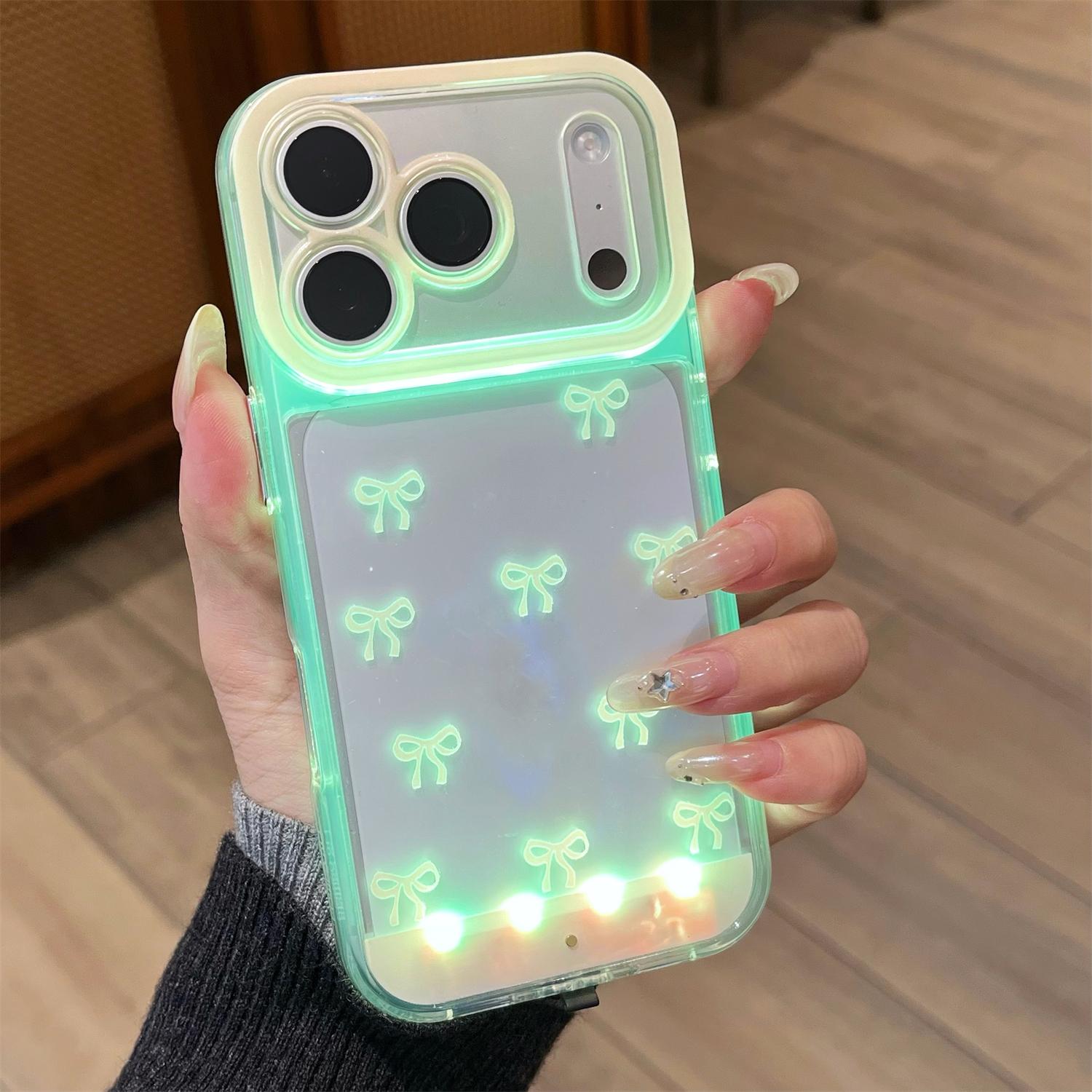 Vibrant LED Clear Aesthetic Ribbon Bowknot Case for iPhone 17 Pro Max/17 Air 17 Pro 16 plus 15 14 13,Transparent Soft Raised Camera Protective Shockproof Cover