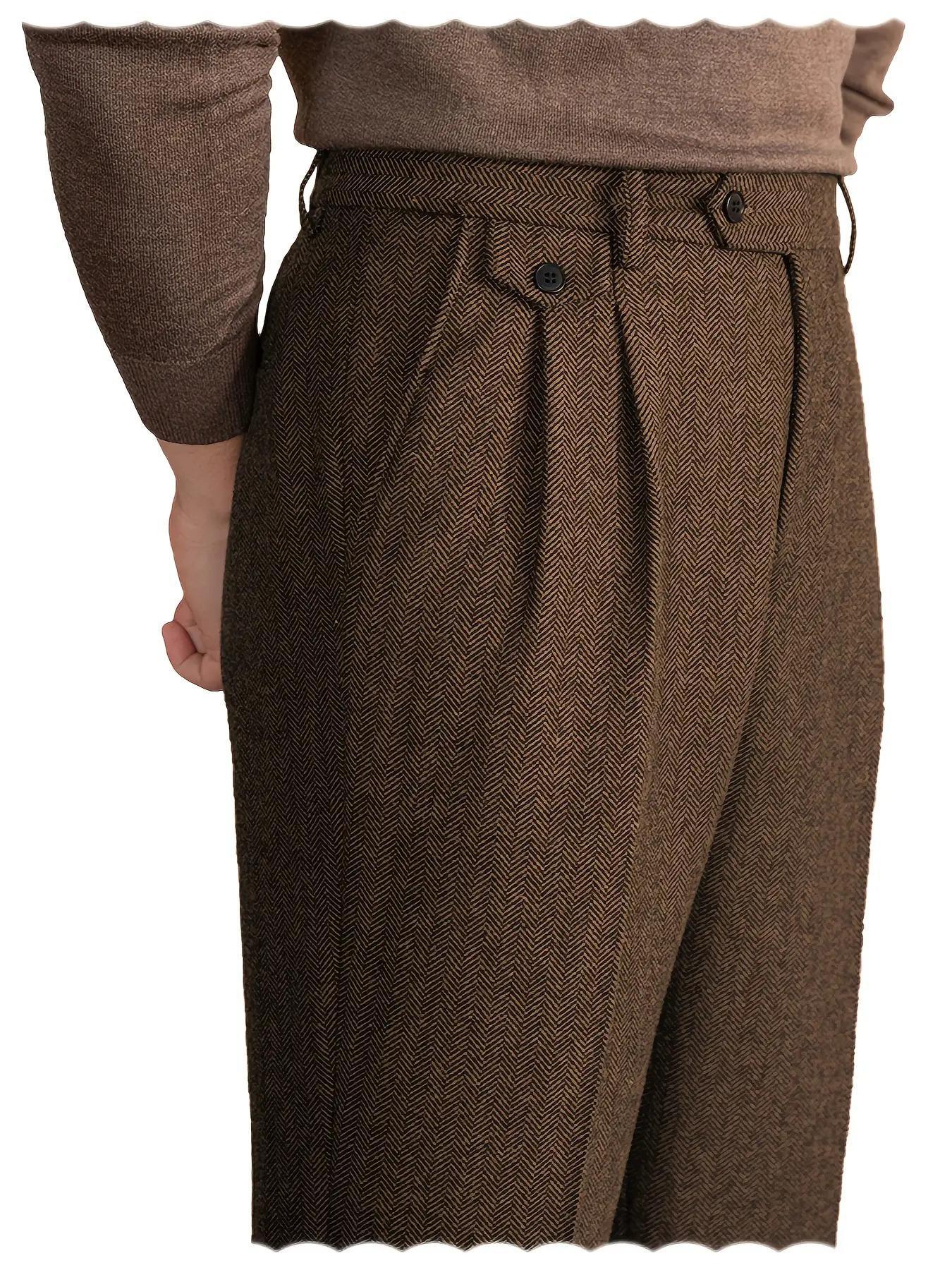 Mens Pants Tweed Herringbone Vintage Dress Pant Trousers Regular Fit Suit Pants for Men