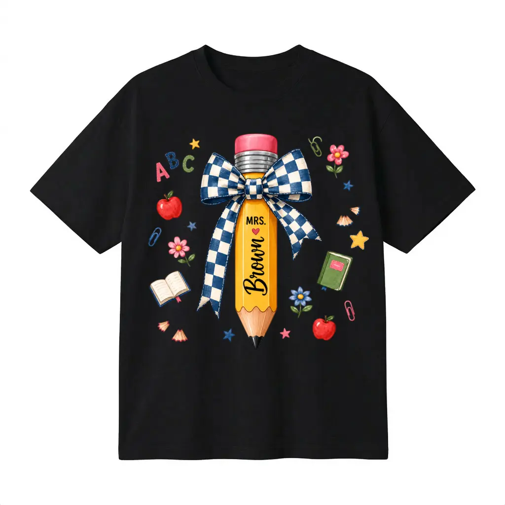 Teacher Pencil T-shirt, Back to School Shirt, Letter Print Black Shirt, Men, Women, Unisex Tee Top, Harajuku Streetwear, Oversized Casual Sweet Wear Outfit, Classroom Teacher School Season Graphic Tee**