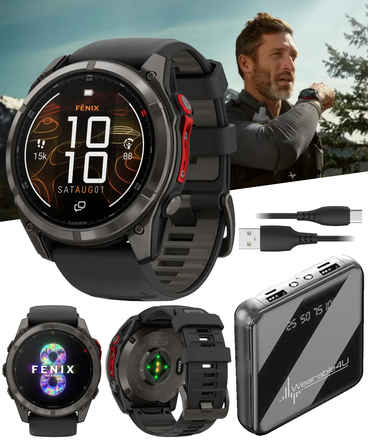 Garmin Fenix 8 Pro 51mm MicroLED Premium Multisport GPS Smartwatch - Sapphire Lens, inReach Technology, Touchscreen, Titanium, Silicone (010-03380-00), Wearable4U Bundle, Wearable Tech, Pulse Ox, Music Player, Charging Cable, Batteries