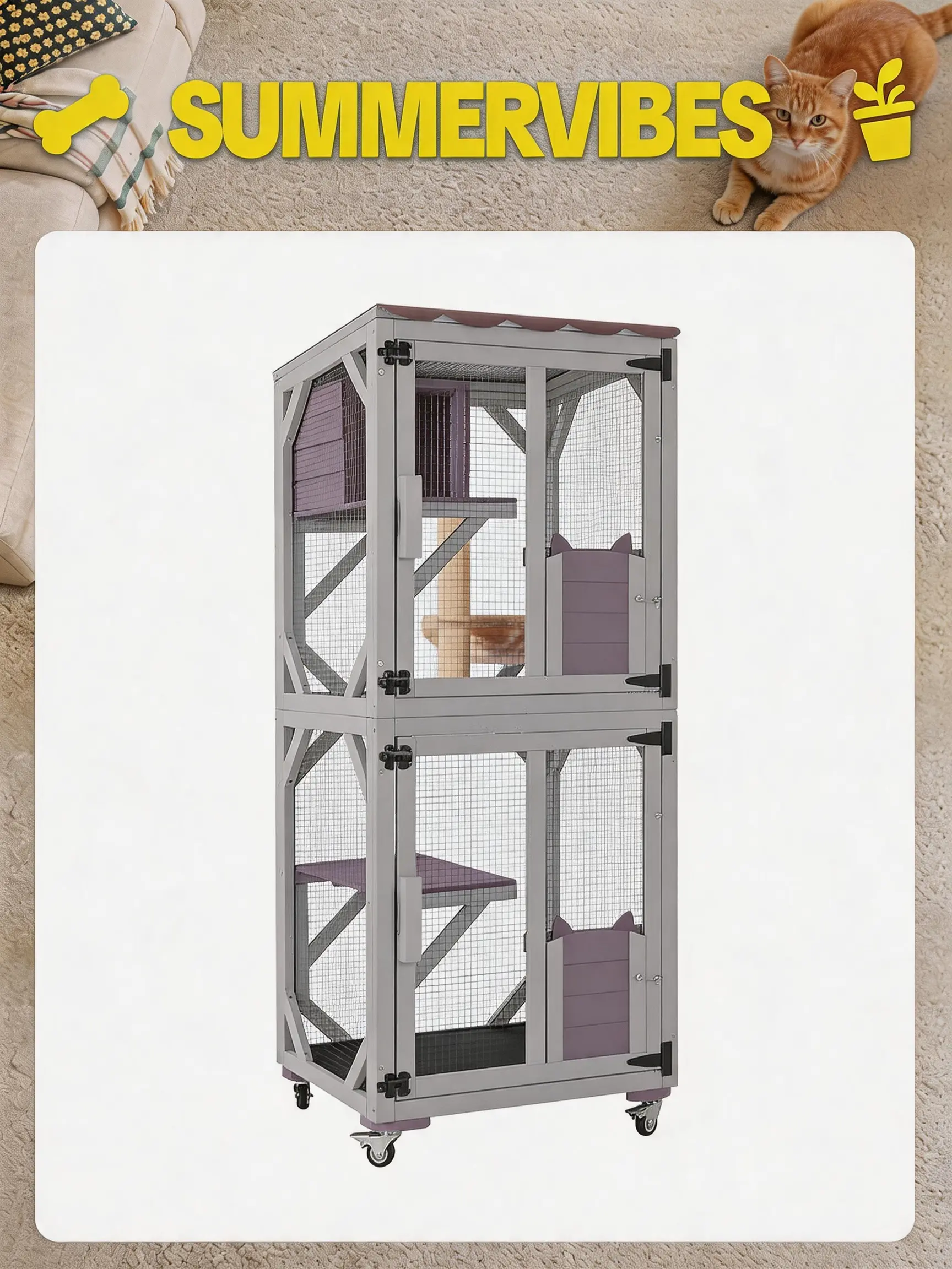Aivituvin-AIR22-M Medium Wooden Summervibes Outdoor Cat Catio with Wheels| Connecting with Window,Cat Furniture,Cat Enclosure connect to slider door