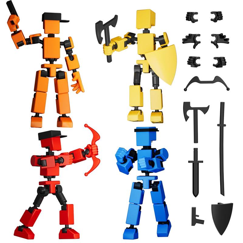 4PCS Mini Titan T-13 Action Figures Set Assembly Completed Luck Dummy Robot 13 Action Figure Toys for Boys Stick Figures with Multi Joints Movable Fidget Gifts for Kids