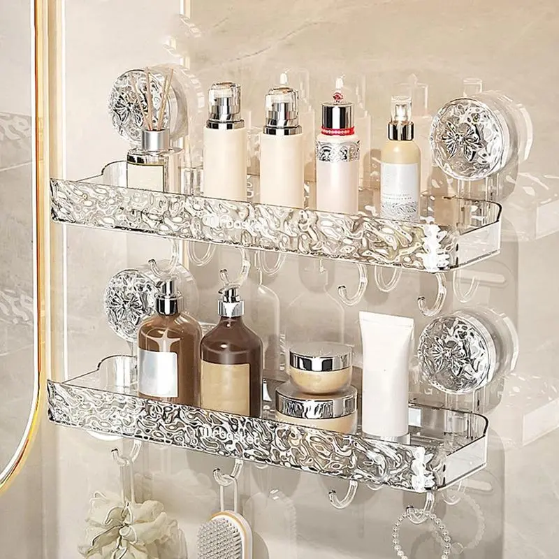Light Luxury Glacier Pattern Suction Cup Rack with Hooks - No Drilling Detachable Shelf Shower Organizer, Multi-Use House Organizers for Bathroom & Kitchen, Easy Access Ceramic Tile Wall Storage