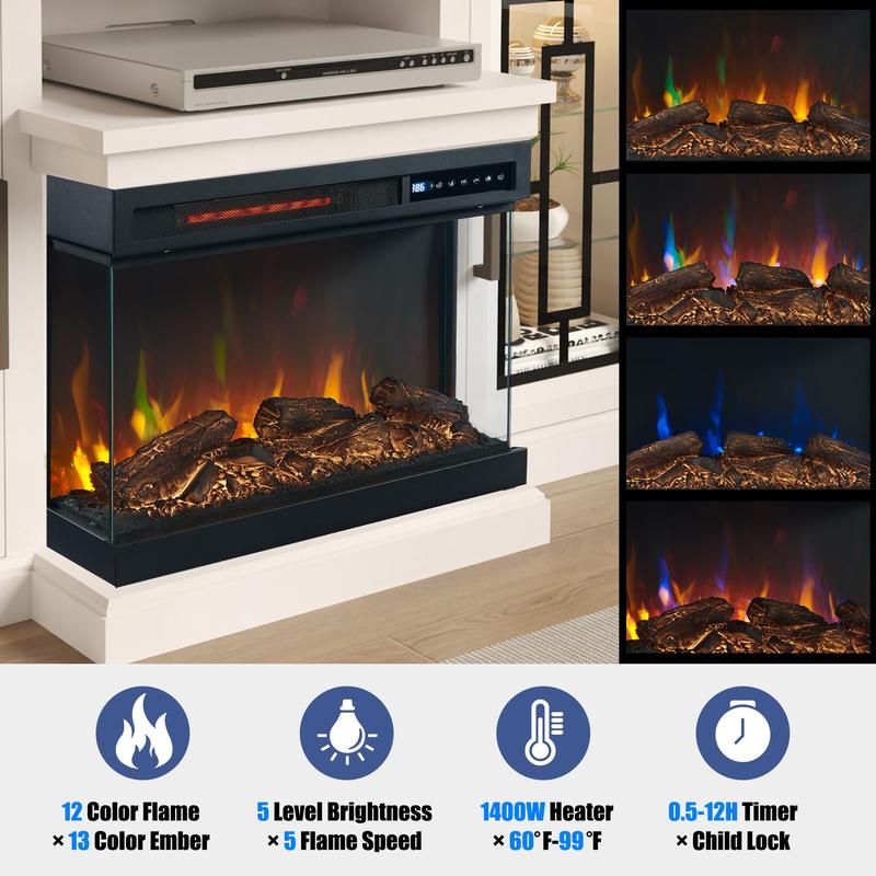 59 Inch LED TV Stand with 3-Side Glass Fireplace, Modern Media Entertainment Center Console Table for TVs up to 65 Inch with Adjustable Flame & LED Color, 24’’ Fireplace, Highboy, White