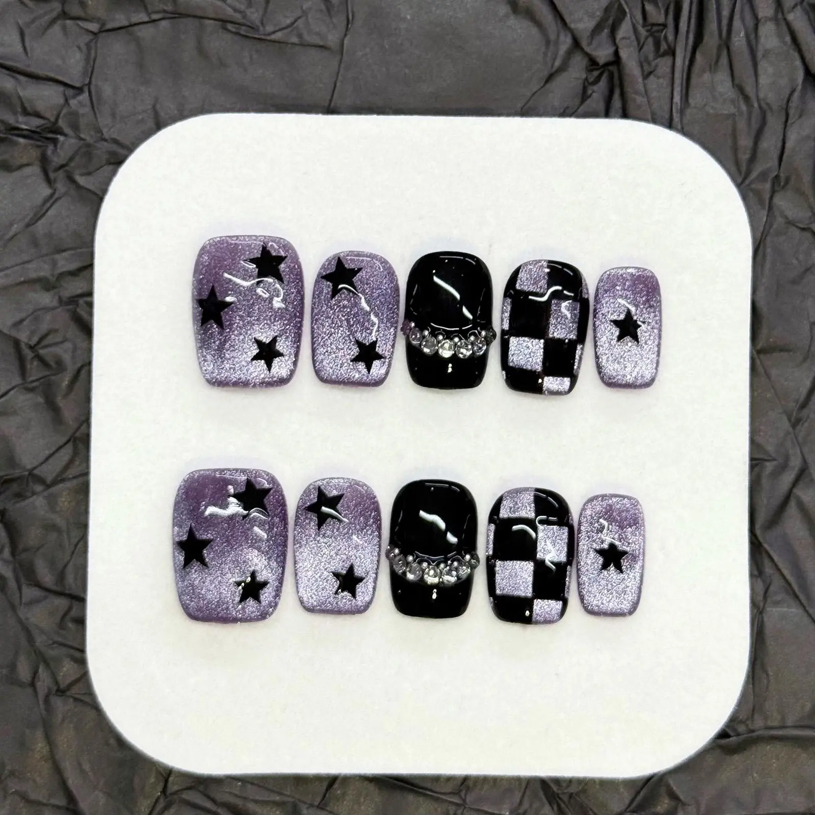 10pcs Purple Glitter Star Checkerboard Cat Eye False Nails Short Square Press On Nails with Shimmer Handmade DIY False Nails