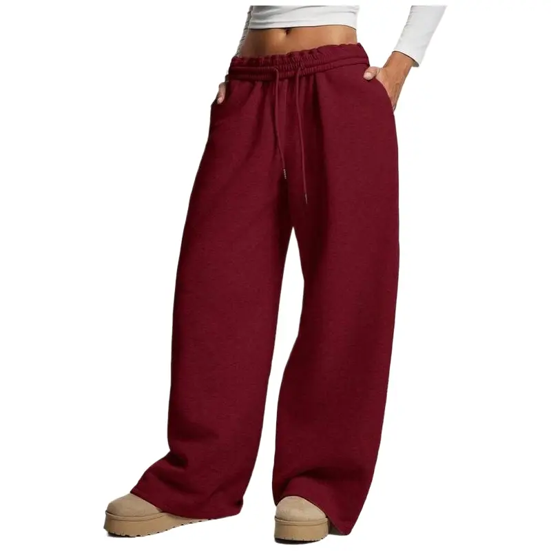 Women's Solid Full-Length Thick Fabric Casual Loose-Fitting Drawstring Waist Wide Leg Sweatpants - Thick Thermal Lined, Versatile Bottoms, Basic, Sweatpants For Women