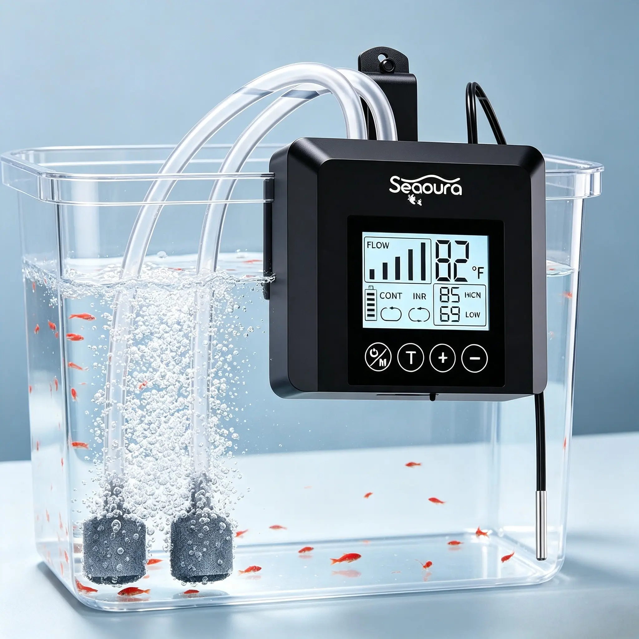 Seaoura Portable Battery-Powered Nano Aquarium Air Pump - 1.5W Digital Screen Aerator with Accessories, 0.3 L/min Oxygen Boost, Quiet Operation for 10-Gal Max Freshwater Fish Tank/Small Tanks (Black) stone