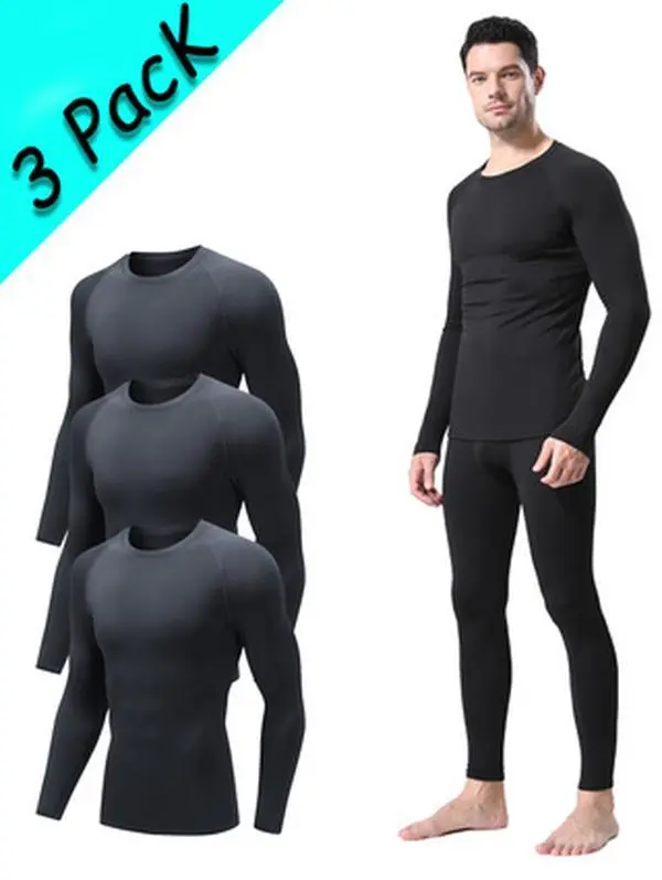 3-Piece Men's Thermal Underwear Set, Fleece Lined Long Sleeve Base Layer for Warmth and Comfort During Winter Sports, Menswear