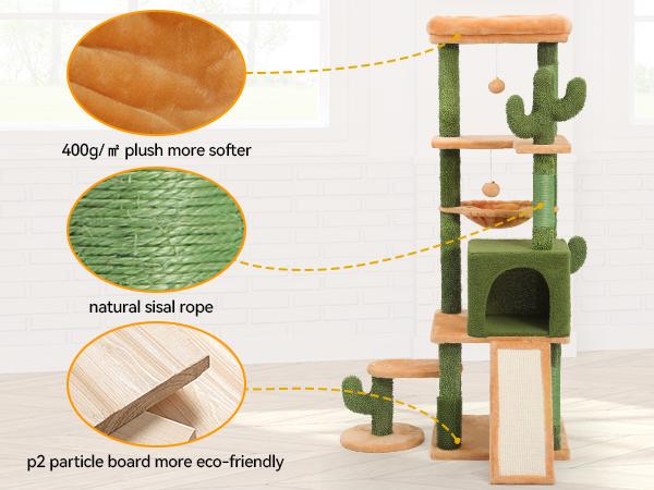 Yitahome Tall Cactus Cat Tree Tower with Self-Grooming Brush, Cute Cat Climbing Tower for Indoor Cats with Cat Condo, Top Perch, Basktet, Sisal Scratching Posts and Board,Toy Balls