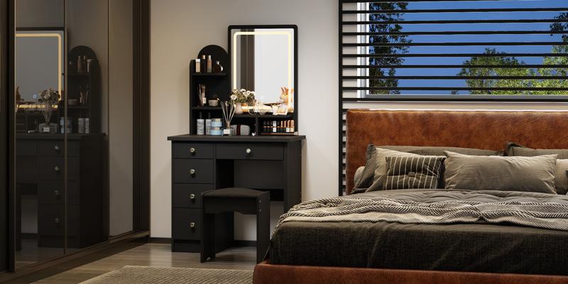 FUFU&GAGA Upgrade Crystal Handle LED Makeup Vanity Set with Drawer Shelf Lighted Mirror & Jewelry Organizer White 31.5W x 15.7D x 55.1H Modern Finish Large Storage Space